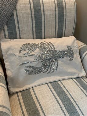 Silver Sequined Lobster Throw Pillow Case with Zipper Closure 12x20 Creamy White